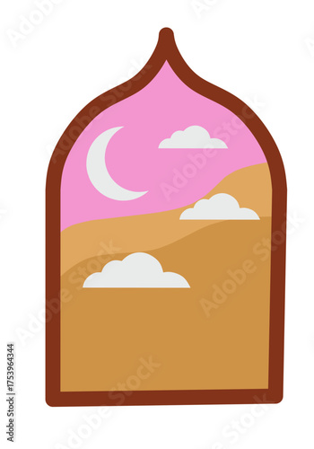 Arch Frame Desert Landscape Night Sky Pink Crescent Moon Minimalist