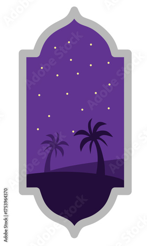 Islamic Arch Frame Silhouette Desert Palm Trees Night Sky Stars