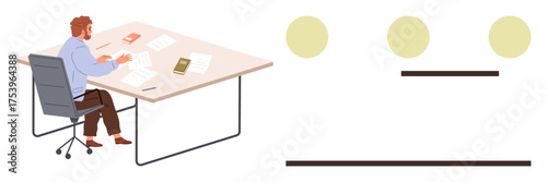 Man in office chair focused on documents spread across a table, surrounded by books. Yellow circles above signify ideas or innovation. Ideal for work, creativity, focus, brainstorming, research