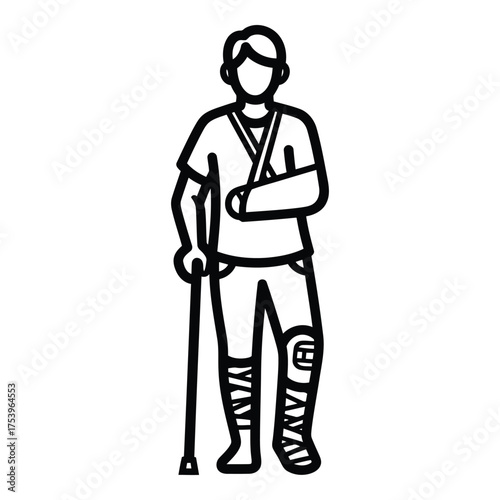 Injured person with arm sling and leg brace silhouette isolated on white background