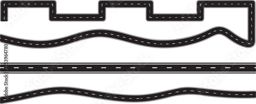 Seamless Winding Zigzag Road Pattern – Black Asphalt Vector Clip Art on White Background