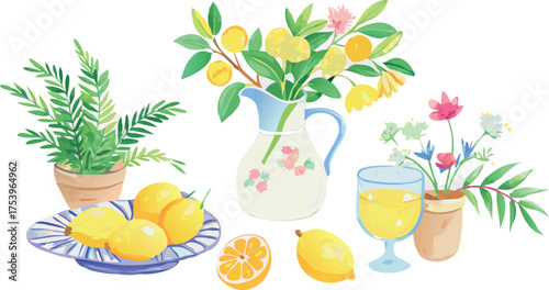 Watercolor illustration of a refreshing summer still life with lemons, lemonade pitcher, and flowers