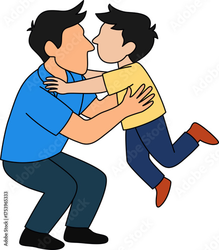Editable flat design vector of a father hugging his son. Symbolizes happy family connection, love, and fatherhood. Elements are grouped intelligently for easy resizing and color adjustment.