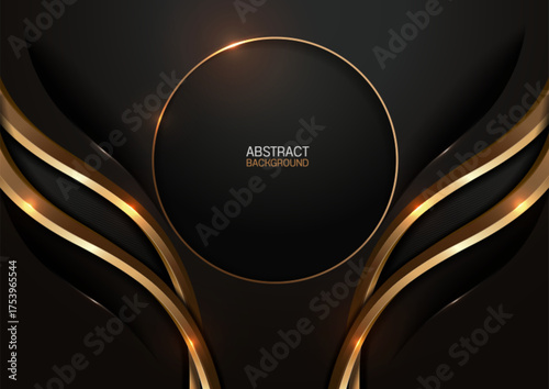 Elegant luxury black and gold circle background with golden curved lines, modern abstract premium template design for business presentation, promotional banner or cover layout, not AI generated