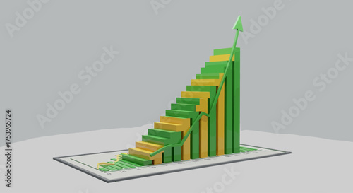 Dynamic 3D bar graph visualizing financial growth, business success, and positive progress, featuring an upward trend with green and yellow bars indicating rising statistics and improved performance
