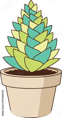 Succulent Plant with Layered Teal and Green Leaves in a Beige Pot Keywords: succulent, potted plant, houseplant, indoor plant, green leaves, teal leaves, layered leaves, plant illustration, vector