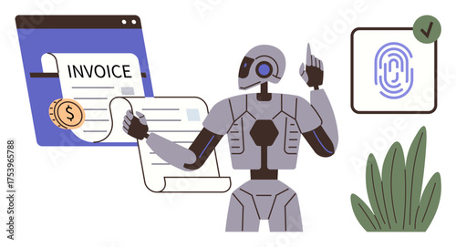 Humanoid robot pointing to digital invoice document and secure fingerprint icon with checkmark, surrounded by modern elements. Ideal for automation, fintech, AI, security, digital workflow