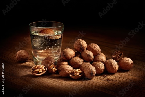 A glass of water with walnuts on a wooden surface