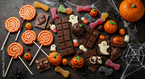 Halloween candy assortment on a dark table — lollipops, chocolates, pumpkins, and spider web decorations