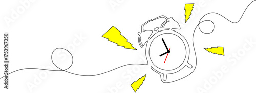 Continuous line drawing. Ringing alarm clock. Wake up timer clock. Vector illustration.