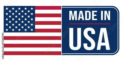 Made in USA sign with American flag background. Product origin label. Vector illustration