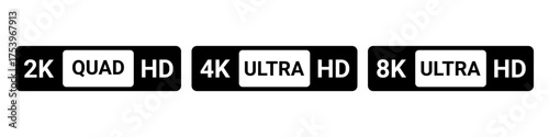 Resolution standard icon set. 2K Quad HD, 4K Ultra HD, and 8K Ultra HD video and display icons. Vector illustration