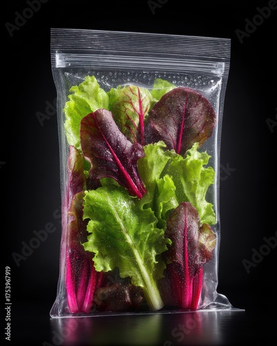Fresh Leafy Greens in Transparent Bag on Black Background