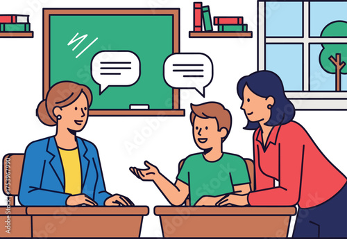 Parent-Teacher Conference or Student Discussion with Two Female Mentors in a Classroom