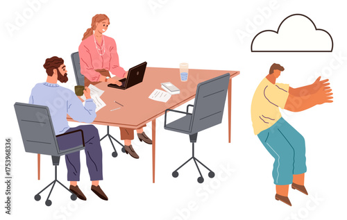 Professionals in a meeting sharing ideas near a table with a laptop, while a man symbolically shapes a cloud. Ideal for teamwork, brainstorming, innovation, collaboration, problem-solving