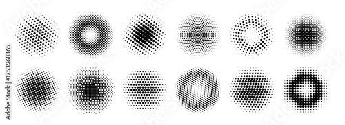 Halftone radial gradient collection. Dotted textured round patterns. Cartoon faded circles background set. Pixelated bitmap element pack for frame, poster, collage, banner, flyer. Vector comic bundle