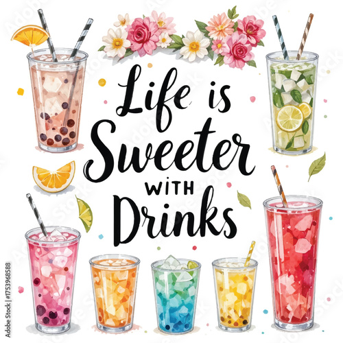 Vibrant, Refreshing Drinks Collection: Celebrate Life's Sweet Moments with Delightful Beverages and Floral Accents, Perfect for Summer Fun and Relaxation
