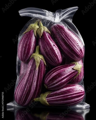 Fresh Purple Eggplants in Transparent Bag