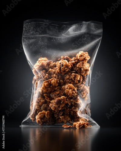 Plastic Bag with Granola Snack on Black Background