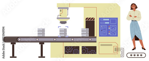 Industrial machine assembling components on conveyor belt, monitored by a professional. Ideal for manufacturing, technology, automation, factory innovation, quality assurance, efficiency, simple flat