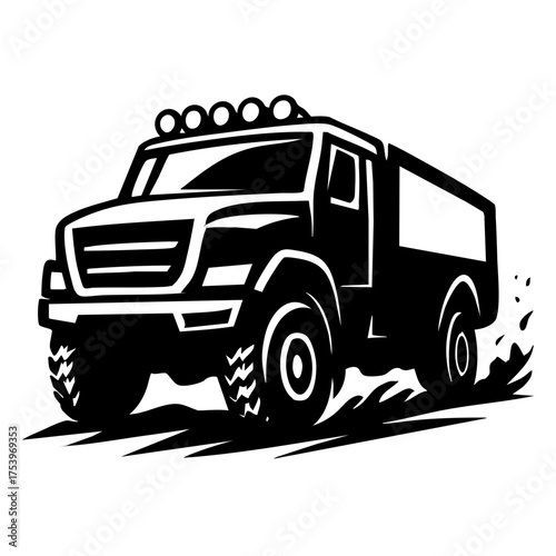 Silhouette-style black and white rally truck speeding across rough terrain, clean vector style