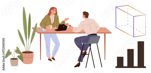 Two coworkers talking at a desk with a laptop and coffee, surrounded by plants. A growth chart and transparent cube appear aside. Ideal for collaboration, teamwork, analytics, business strategy