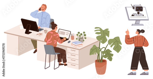 Team at desks working on laptops, with potted plant, books, and robotics monitor. Ideal for teamwork, innovation, workplace, technology creativity robotics collaboration concepts. Simple flat