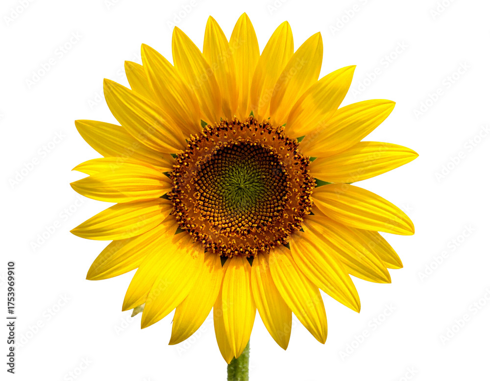 Fototapeta premium Bright yellow sunflower blossom with green leaf isolated on a clean white background