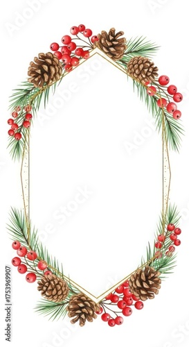Festive frame with pinecones, red berries, and evergreen boughs arranged around a gold geometric shape on a white background.