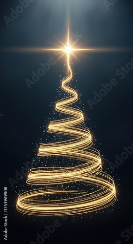 A glowing golden light trail forms a stylized Christmas tree shape against a dark background, with a bright star at the top.