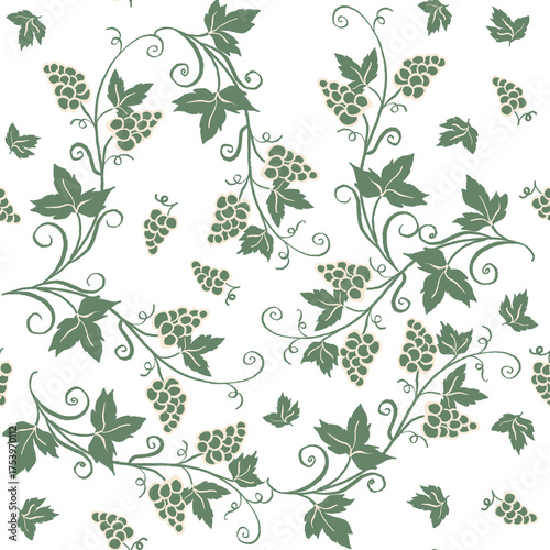 Seamless vineyard pattern with ornate illustrations and green leaf silhouette design