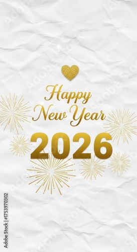 Happy New Year 2026 graphic with golden text, heart, and fireworks on a white crumpled paper background.