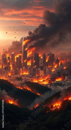 A fiery cityscape engulfed in flames, with burning buildings and a smoke-filled sky.