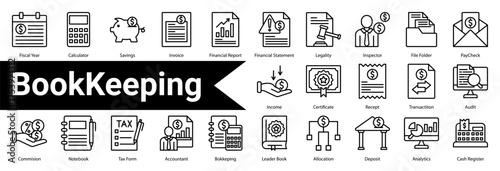 Minimalist Bookkeeping line icons set with editable stroke, featuring:  Fiscal Year,Calculator,Savings,Invoice,Financial Report,Financial Statement,Legality,Inspector,File Folder,PayCheck,Income
