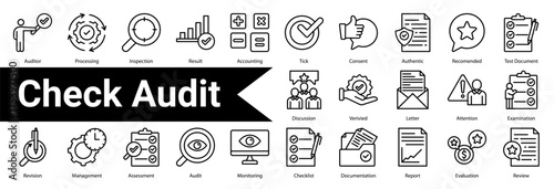 Minimalist Check Audit line icons set with editable stroke, featuring:  Auditor,Processing,Inspection,Result,Accounting,Tick,Consent,Authentic,Recomended,Test Document,Discussion,Verivied,Letter