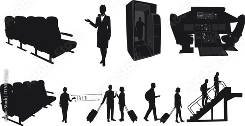 Air travel silhouette, airplane cabin, flight attendant, cockpit, lavatory, boarding stairs, luggage, passenger 