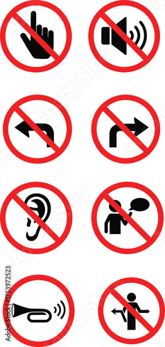No touching, no sound, no turn, no listening, no talking, no honking, prohibition signs, traffic restriction, safety regulation, vector illustration Free Download No touching, no sound, no turn, no listening, no talking, no honking, prohibition signs, traffic restriction, safety regulation, vector illustration - GFXLoad