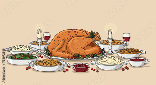 Thanksgiving Feast with Roasted Turkey and Side Dishes.