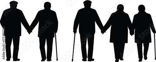 Elderly silhouettes walking together, senior couple holding hands, old age companionship, retirement life support, aging with dignity, human connection, love, care, family bond
