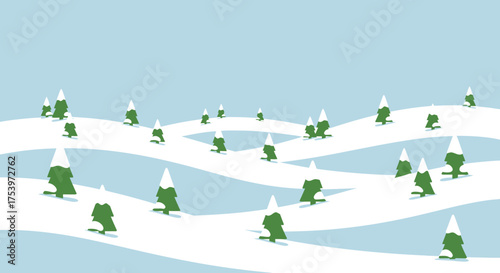 Winter Landscape with Snow-Covered Trees on Rolling Hills.