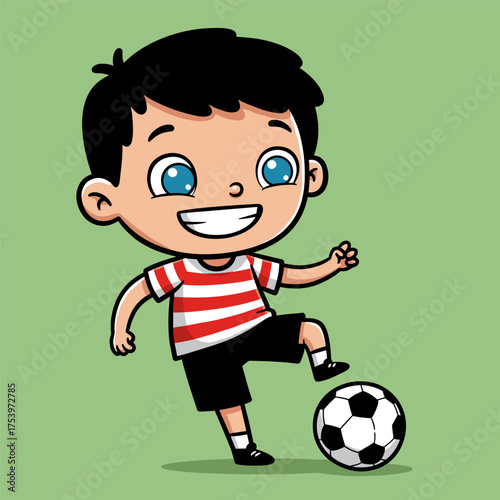 A happy cartoon boy with bright blue eyes is smiling and playing soccer (football) with a ball.