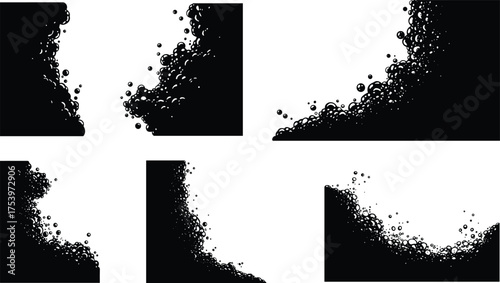 bubble cluster silhouettes, abstract circle pattern, rising bubbles vector, fluid motion design, particle accumulation art, black white illustration, dynamic texture elements, modern graphic 