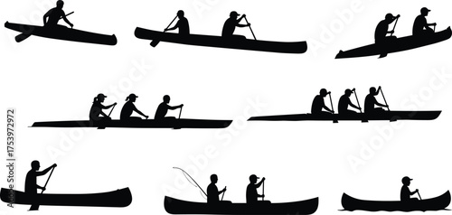 Canoe and kayak silhouette, paddling action, fishing scene, water sport, outdoor recreation, group activity, 