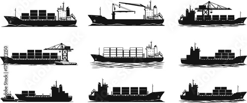 Cargo ship, container vessel, silhouette design, maritime transport, global logistics, freight carrier, 