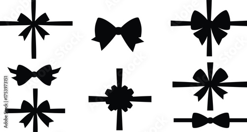 bow silhouette icons, ribbon decoration vector, gift wrap design, festive ornament symbols, decorative bow illustration, holiday packaging elements, celebration ribbon graphics, present wrapping art