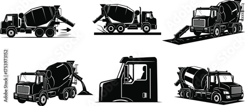 Cement mixer truck silhouette illustrations with concrete pouring, reverse motion, chute extended, 