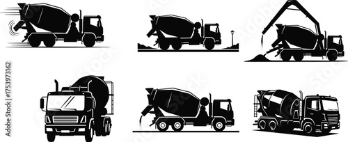 Cement mixer truck silhouette illustrations with concrete pouring, construction site, excavator 
