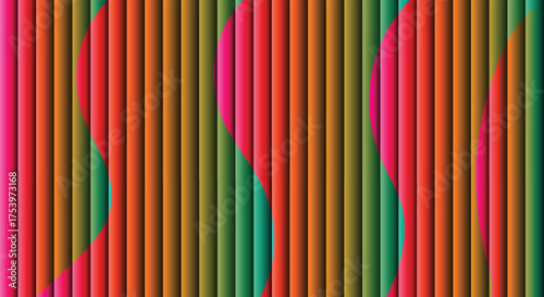 Colorful vertical stripes with flowing pink and teal organic shapes.