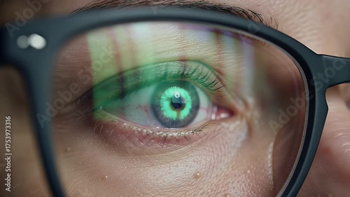 Close Up of Human Eye with Data Reflected in Glasses Showing Lock Icon in Iris