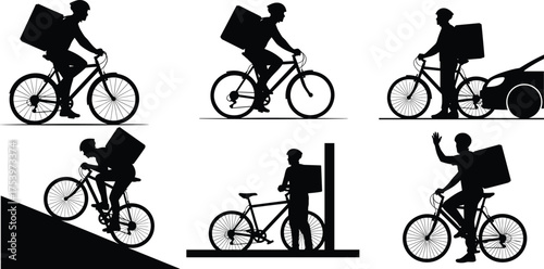 Bicycle delivery rider silhouette, uphill cycling, parcel handoff, courier service icon, urban logistics illustration for e-commerce and transport business